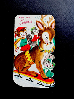 1 VTG Xmas Greeting Color Card Precious Deer On Sled W/ Many Forest Friends  ️