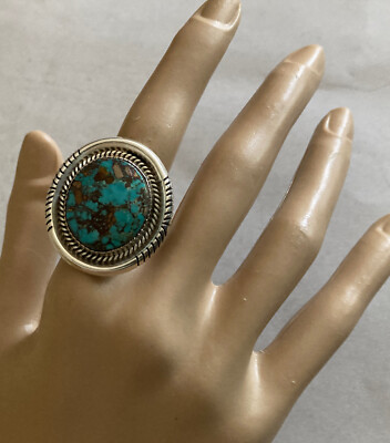 Vintage Nice large Navajo John Delvin Sterling Silver Turquoise Ring Size 