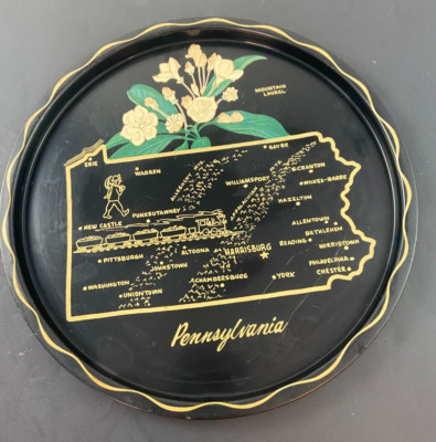 VTG Pennsylvania Mountain Laurel Black Serving Decorative Round Metal Tray 11''