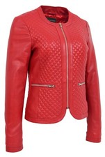 Womens Collarless Soft Red Leather Jacket Biker Style Fitted Quilted Zip Up New
