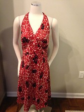 NWT Ann Taylor Red Black Ivory Floral Silk Halter Dress Read Description!