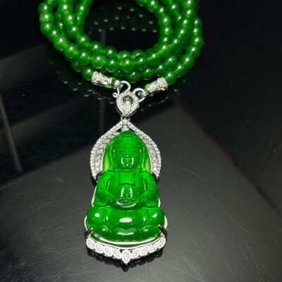 #ad Natural inlay ice Green Burmese jade Jadeite Carved kwan yin Pendantamp;Necklaces $59.00