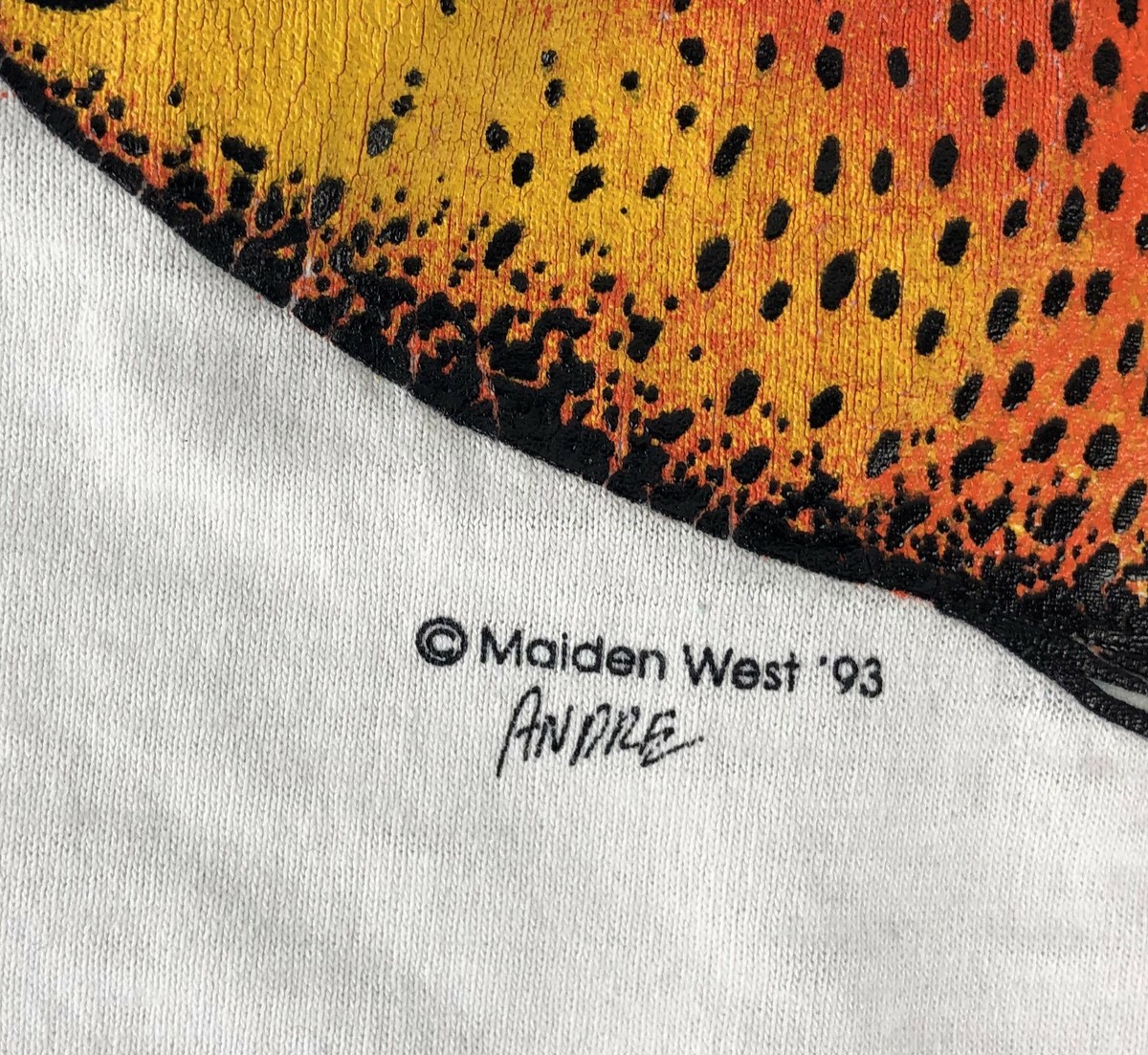 Vintage Oneita Maiden West - White w/Orange Fish Design T