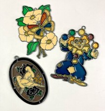 Stained Glass 3 Metal Vintage Sun Catchers Flowers with Butterfly, Clown, Doves
