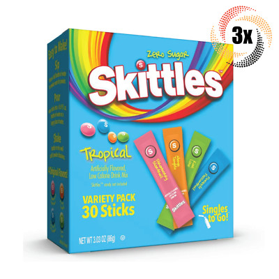 3x Packs Skittles Variety Tropical Drink Mix Singles | 30 Sticks Each | 3.03oz