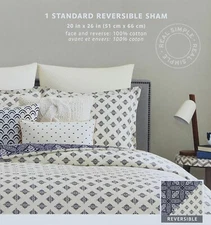 Real Simple Luna Standard Reversible Pillow Sham in Navy/Cream, NEW