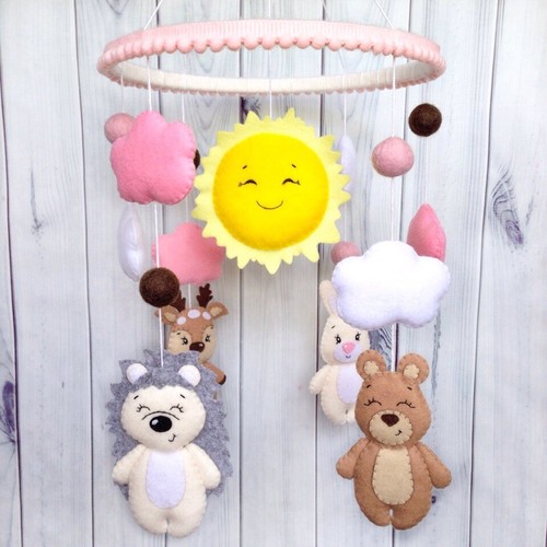 Baby Mobile Forest Animals Felt Pink Girl Nursery Decor Baby Gift Cot