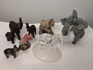 Lot of 8 Elephant Figurines, Wood, Porcelain, Crystal, Resin etc.