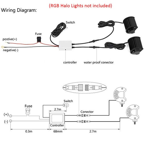 Wiring Harness kit & RF Controller For 2 Pods Chasing RGB Halo Led Work Lights - Picture 5 of 5