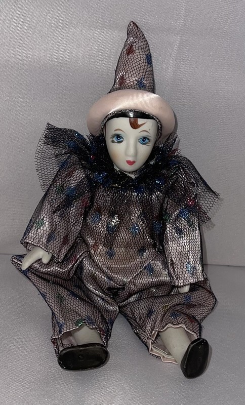 Harlequin Clown Doll-Porcelain Head Hands Feet - Pink W/Blue Lace - Posable