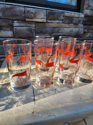 Rare Vintage MCM Libbey Atomic Christmas Reindeer Red Gold Highball Glasses Set8