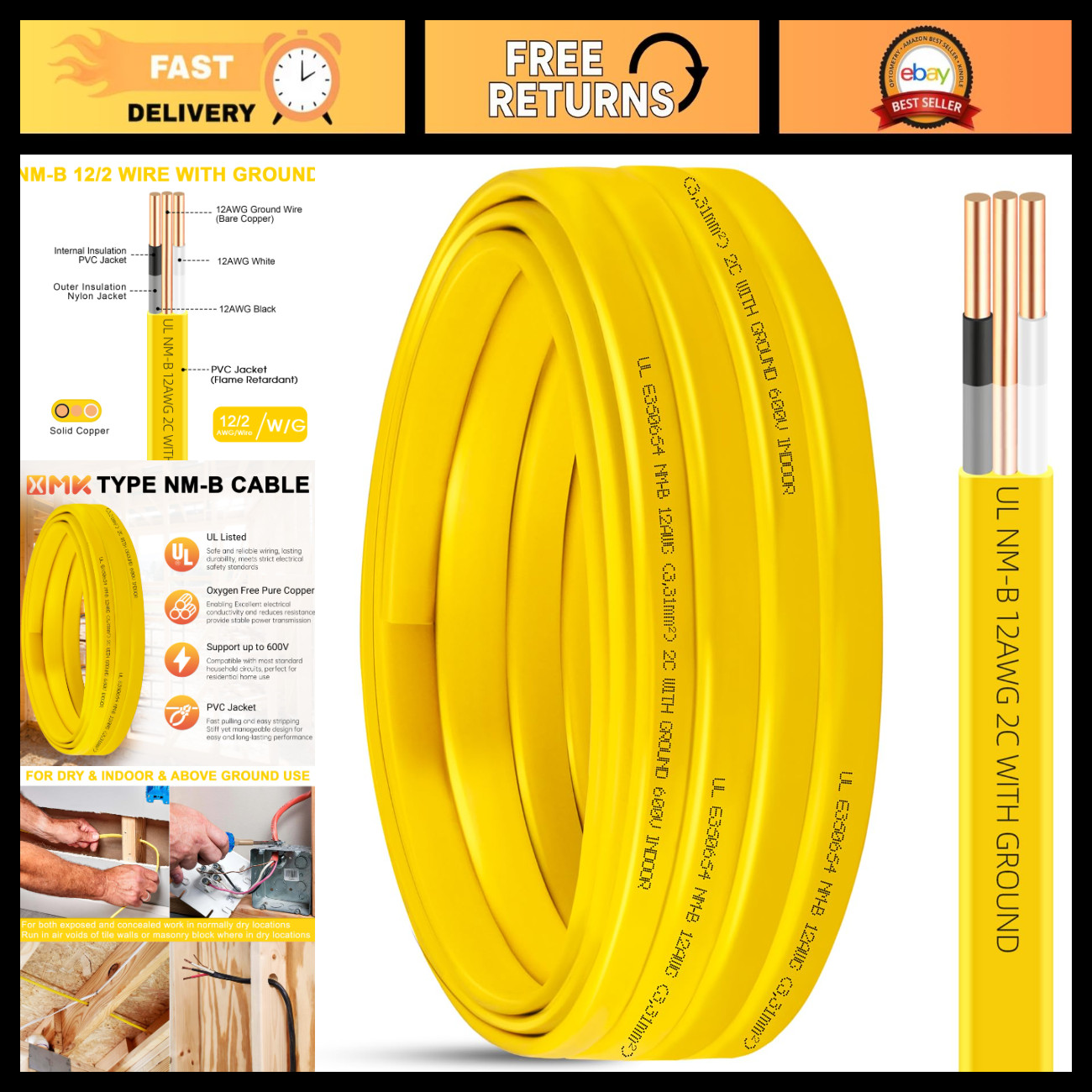 12 Gauge 12/2 Wire with Ground - Solid Indoor Electrical Cable for Wiring Projec