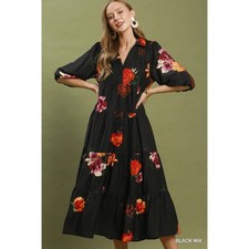 Umgee Floral Print Tiered Midi Dress with Puff Sleeves - Black Mix - Large