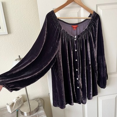 Sundance Purple Velvet Silk Blend Blouse Smocked Neckline Size L
