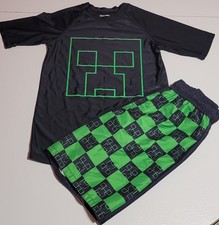 Minecraft Boys Black And Green Creeper Rash Guard And Swim Trunk Set, Size Large