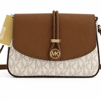 Michael Kors Cece Medium Shoulder Bag White Brown Leather MK Crossbody NWT