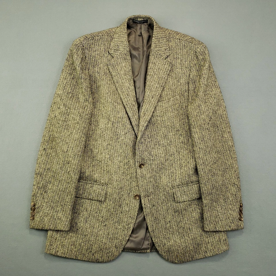 Polo Ralph Lauren Vtg Tweed Blazer Men's 43L Wool Herringbone Two Button Italy - Image 2 of 4
