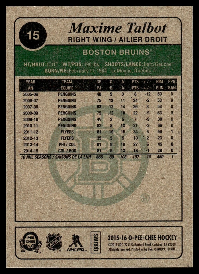 2015-16 O-Pee-Chee Retro Maxime Talbot Boston Bruins #15 - Image 2 of 2