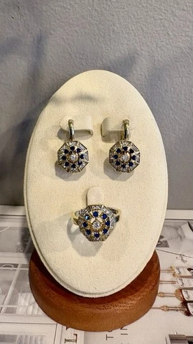 Vintage Sterling Silver Earring Ring Size 7.5 Blue Gem Brass Set Sapphire