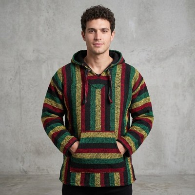 Unbranded Mens XL Multicolor Hoodie Baja Drug Rug Rasta Stripe Lined Fleece