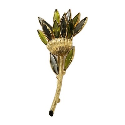 Coro Craft Brooch Exotic Floral Pin Nacette Blue Green Rhinestone Vintage