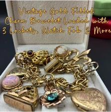 37g Vintage ELCO 12k Gold Filled Charm Bracelet +3 Lockets,Watch FOB,Cameo &MORE