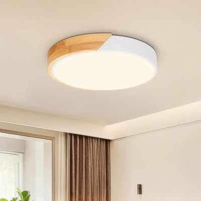 Kambo LED Deckenleuchte 24W  30Cm, Moderne Deckenlampe Weiß Mit Holzoptik 3000K,
