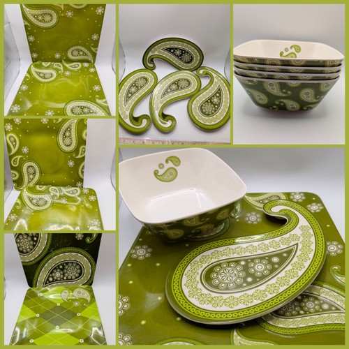 MCM Summer Dinner Patio Set Green Paisley Funky Appetizer Plates Bowls Groovy
