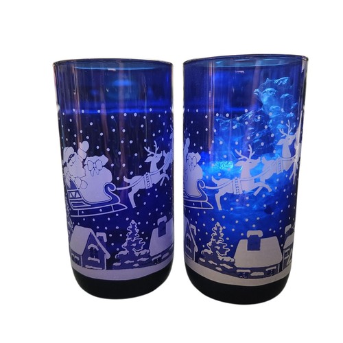 Vintage Luminations Set of Libbey Cobalt Blue Christmas Glass Santa Sleigh Scene - Picture 4 of 11