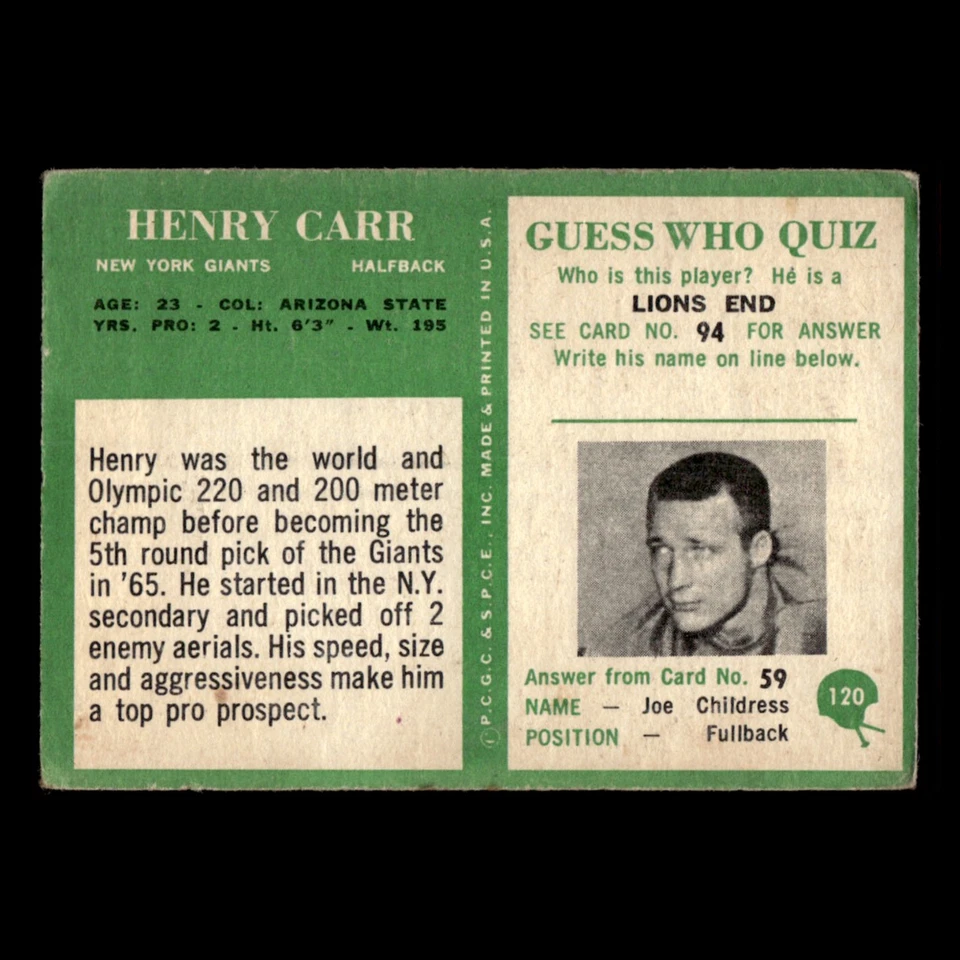 Henry Carr #120 1966 Philadelphia New York Giants Football Card NFL EX - Image 2 of 3