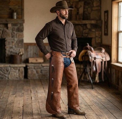 Men Western Vintage Cowboy Chap Fringes Suede Leather Pant Riding Chaps