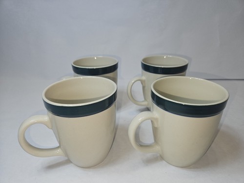 4 Gibson Housewares China White Coffee Cup Mug w Double Blue Band Ring everyday