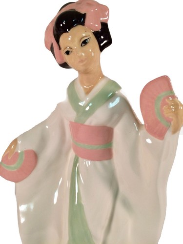 1950-1960’s Japanese 12” Geisha Fan Girl Ceramic Figurine Pink / Green ~ MCM - Picture 2 of 9