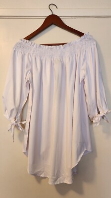 Large white Zanzea Collection off-the-shoulder blouse with bows on sleeves