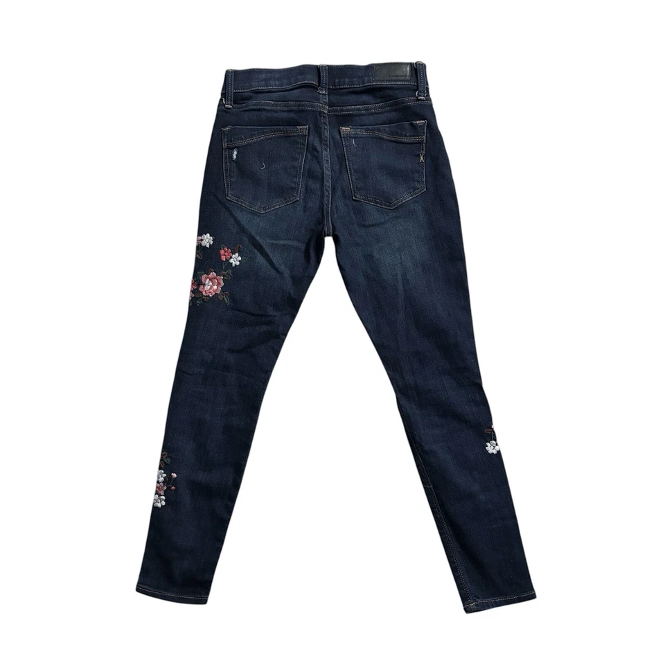 Express Embroidered Flowers 0 S Leggings Denim Women's Mid Rise Dark Wash Y2K - Image 4 of 4