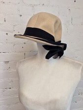 Adolfo vintage 70s hat beige wool felt black bow trim