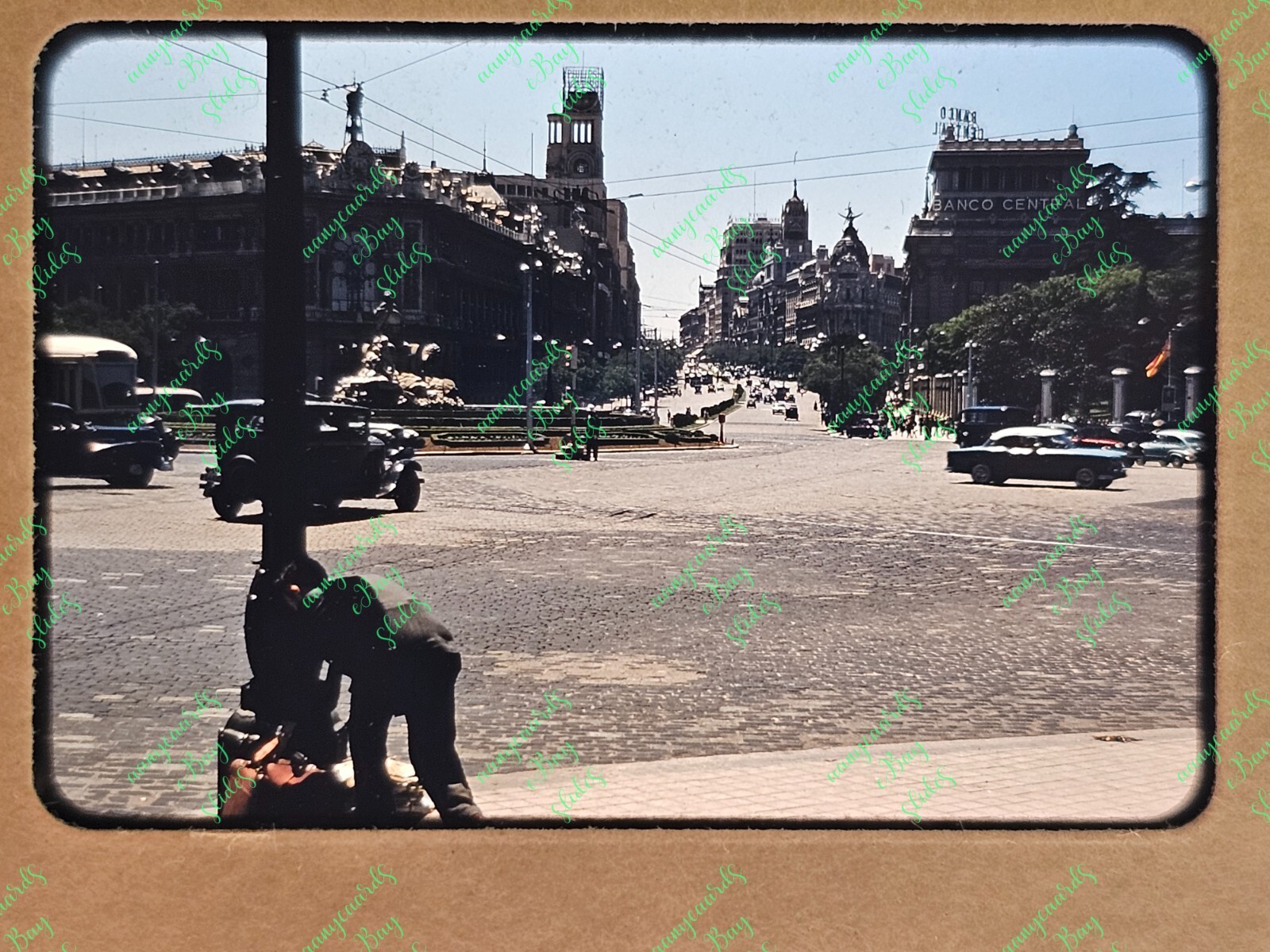 1956 MADRID SPAIN STREET SCENE OLD CARS MAN AT LAMPOST