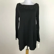 Style & Co Knit Blouse Size Medium Black Lace Accents Career Work Cotton Rayon