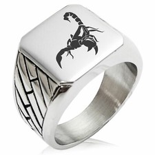 Stainless Steel Mens Zodiac Symbol Large Square Biker Style Flat Top Signet Ring