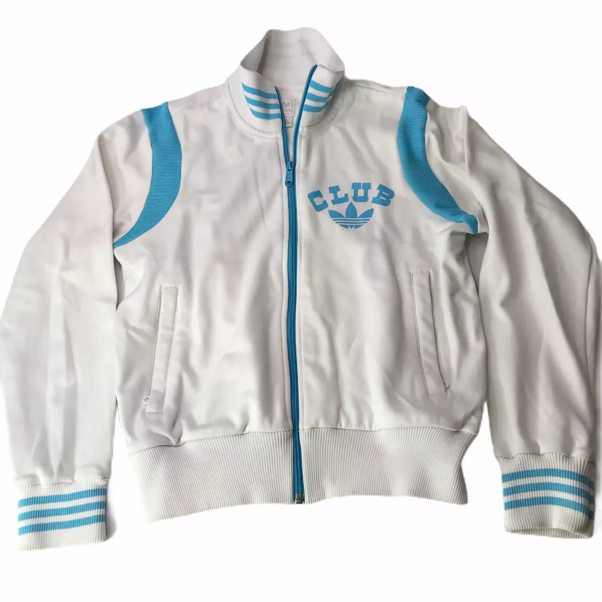 Adidas CLUB Track Jacket Teddy Letterman s Jacket White Aqua Blue Women s Large