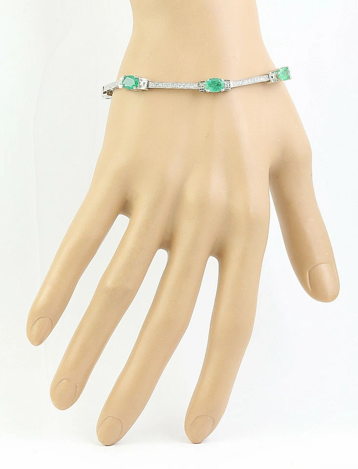 Pulseras de tenis vintage verde profundo corte ovalado 4,59 quilates esmeralda con circonita cúbica blanca brillante Foto 3 de 4