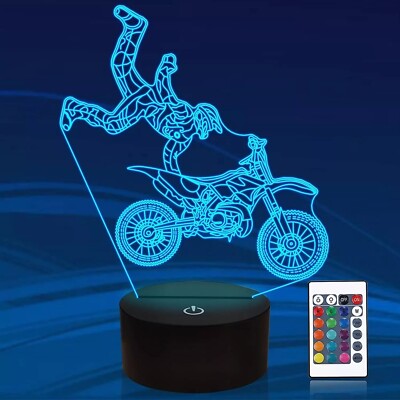 Kids Desk Decor Light Motorcycle Lamp 3D Remote Control 16 Color Led Night Light