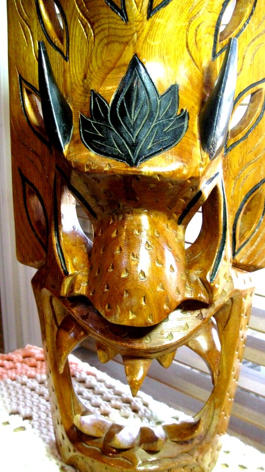 Vintage 22.5" tall & 10" wide Hand Carved Wood Tribal Dragon Mask Wall