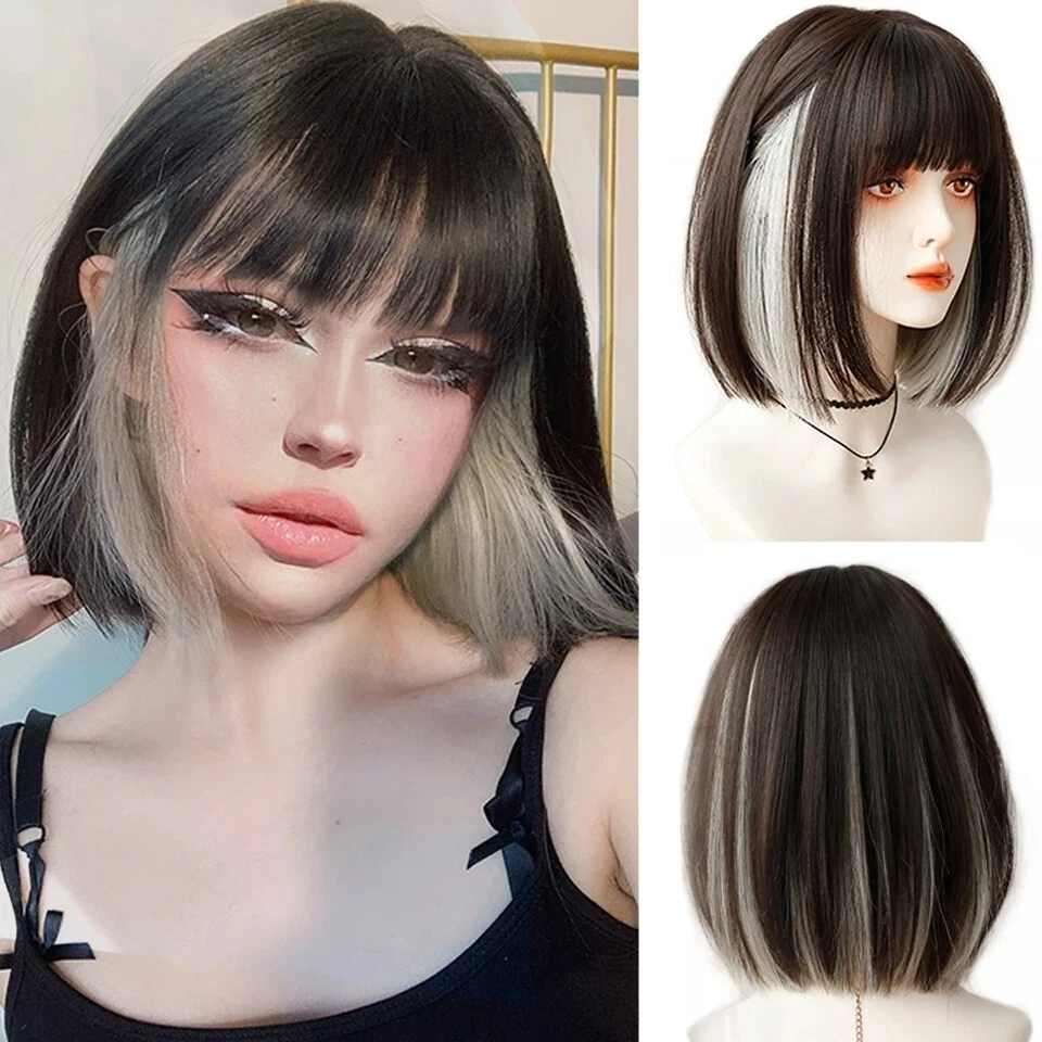 Short Bob Straight Wig with Bangs Brown Silver Synthetic Hair Wigs
