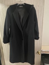 Women’s Halston Black Wool Coat 8p Single Breasted Hood Velvet Cuffs Lined Euc