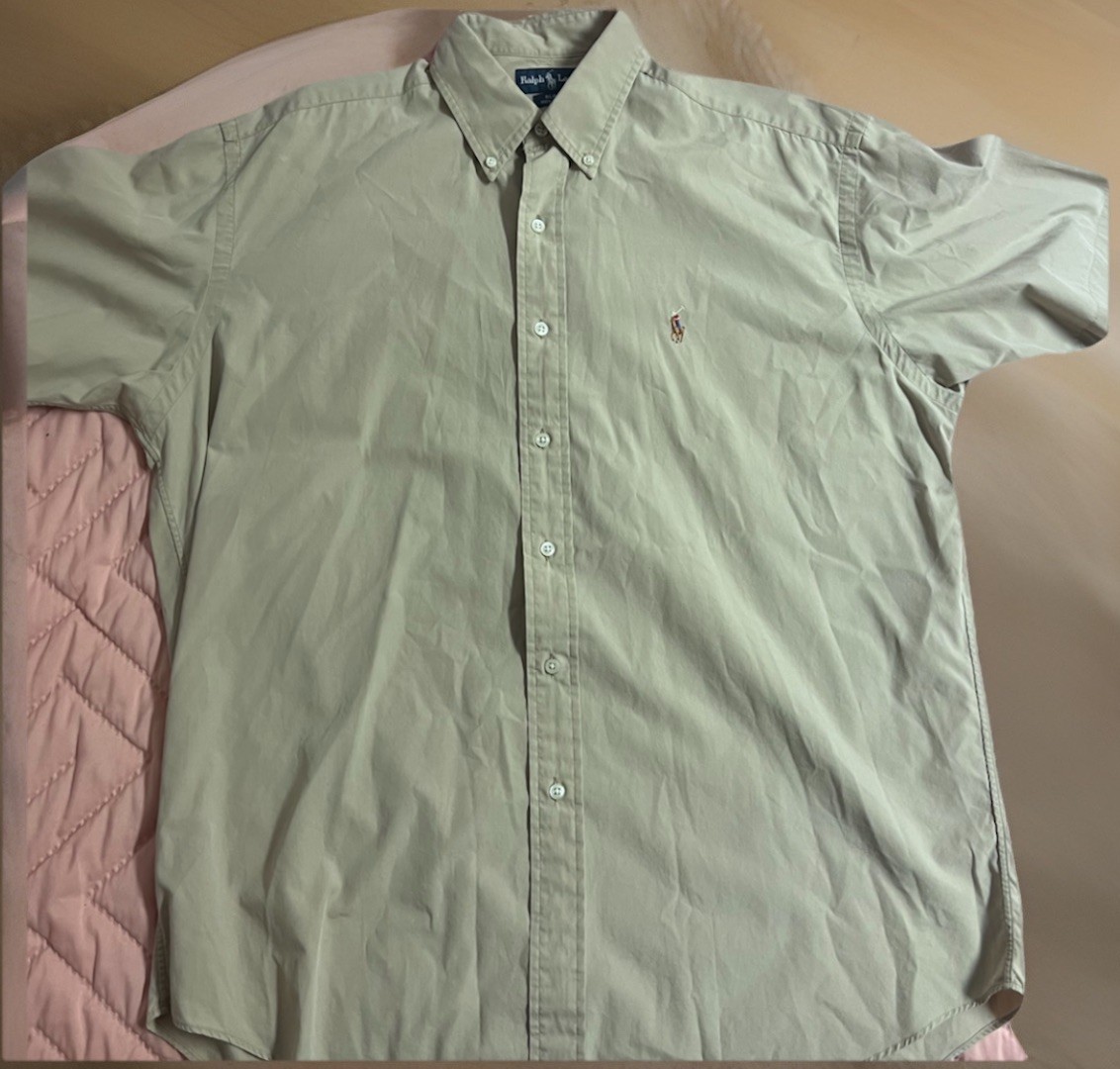 Ralph Lauren Shirt Mens Large Beige Blake Cotton Button Up Pony Short Sleeve