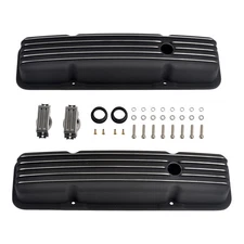 Aluminum Black Finned Short Valve Cover For Small Block Chevy 327 350 400 58-86
