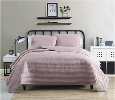 VCNY Home Clifton 3-Pc Solid Striped Quilted Crinkled Quilt Set King Blush