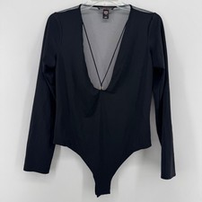 Victoria's Secret Bodysuit Womens Large Black Deep V Mesh Long Sleeve Gold Ring