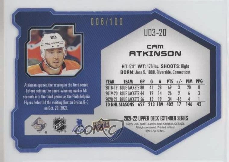 2021-22 Upper Deck Extended Series UD3 Gold /100 Cam Atkinson #UD3-20 - Image 2 of 2
